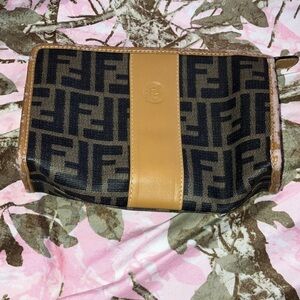 Vintage Fendi Brown & Tan FF Logo Canvas Zip Pouch